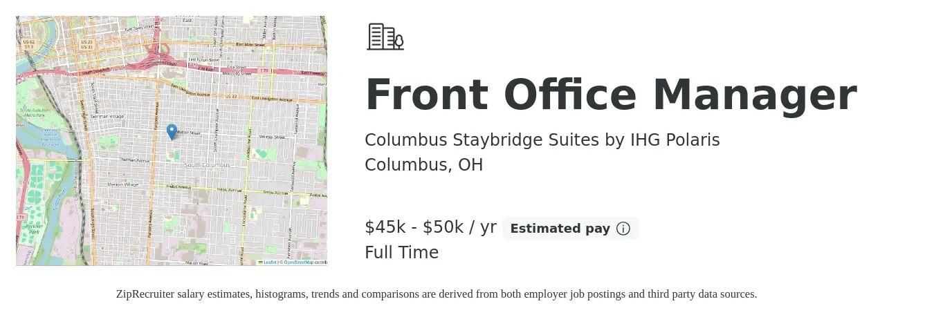 Columbus Staybridge Suites by IHG Polaris job posting for a Front Office Manager in Columbus, OH with a salary of $45,000 to $50,000 Yearly with a map of Columbus location.
