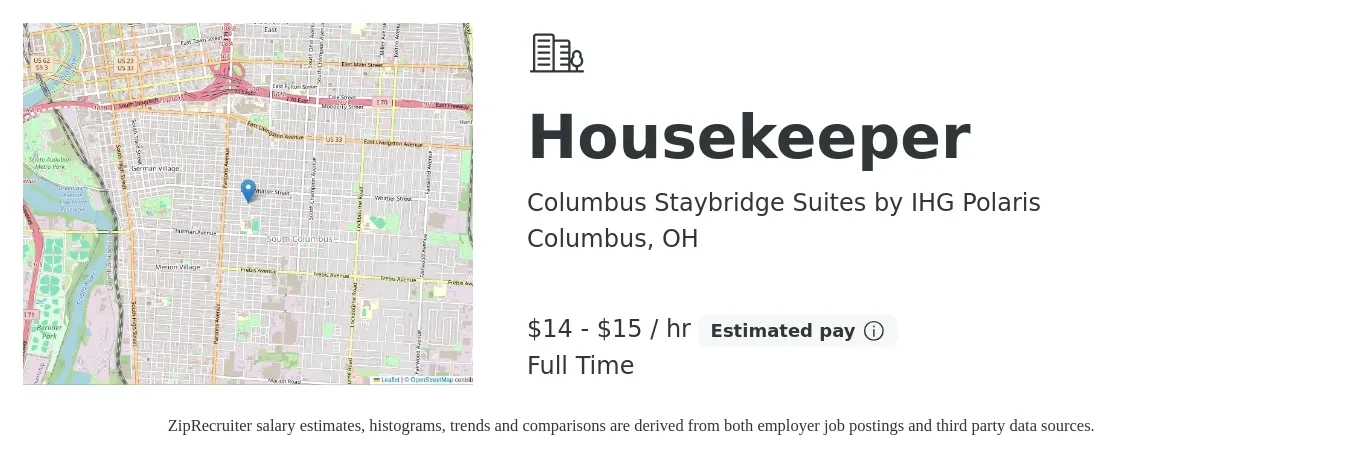 Columbus Staybridge Suites by IHG Polaris job posting for a Housekeeper in Columbus, OH with a salary of $15 to $16 Hourly with a map of Columbus location.