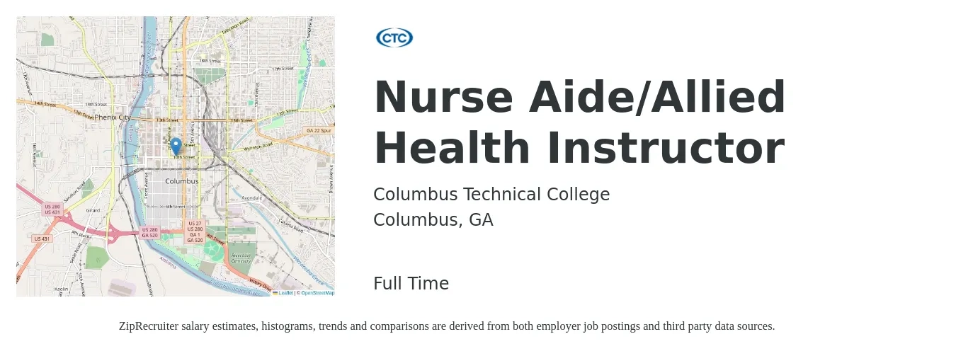 Columbus Technical College job posting for a Nurse Aide/Allied Health Instructor in Columbus, GA with a salary of $48,500 to $74,200 Yearly with a map of Columbus location.