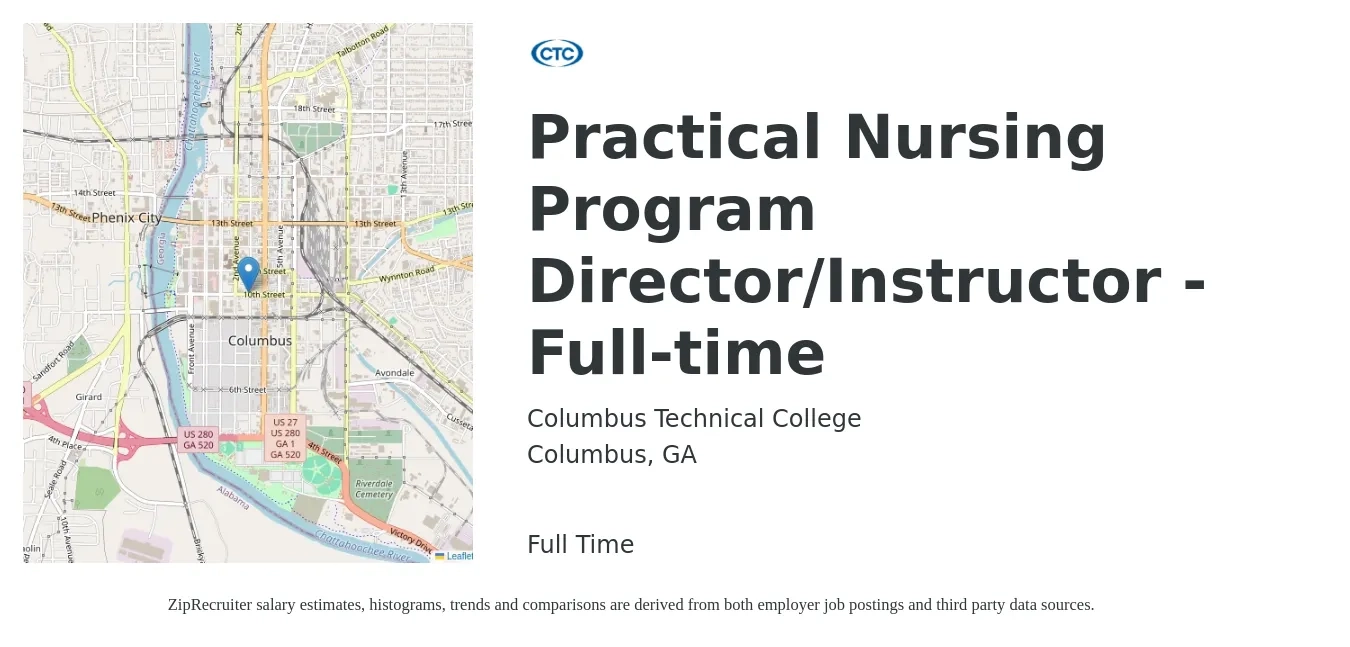 Columbus Technical College job posting for a Practical Nursing Program Director/Instructor - Full-time in Columbus, GA with a salary of $39,100 to $56,400 Yearly with a map of Columbus location.