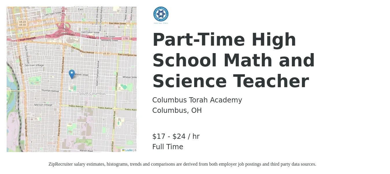 Columbus Torah Academy job posting for a Part-Time High School Math and Science Teacher in Columbus, OH with a salary of $18 to $25 Hourly with a map of Columbus location.