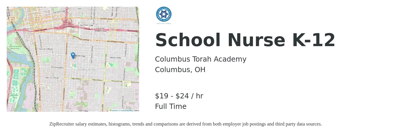 Columbus Torah Academy job posting for a School Nurse K-12 in Columbus, OH with a salary of $20 to $25 Hourly with a map of Columbus location.