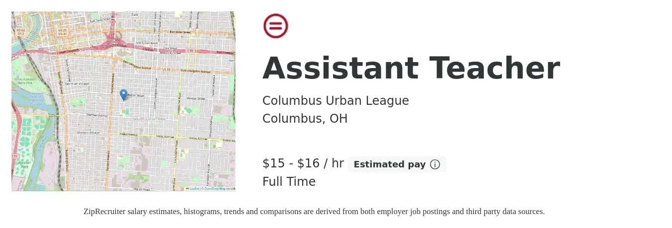 Columbus Urban League job posting for a Assistant Teacher in Columbus, OH with a salary of $16 to $18 Hourly with a map of Columbus location.