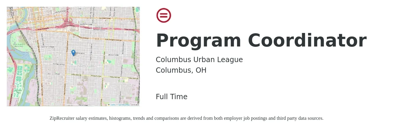 Columbus Urban League job posting for a Program Coordinator in Columbus, OH with a salary of $40,600 to $59,900 Yearly with a map of Columbus location.