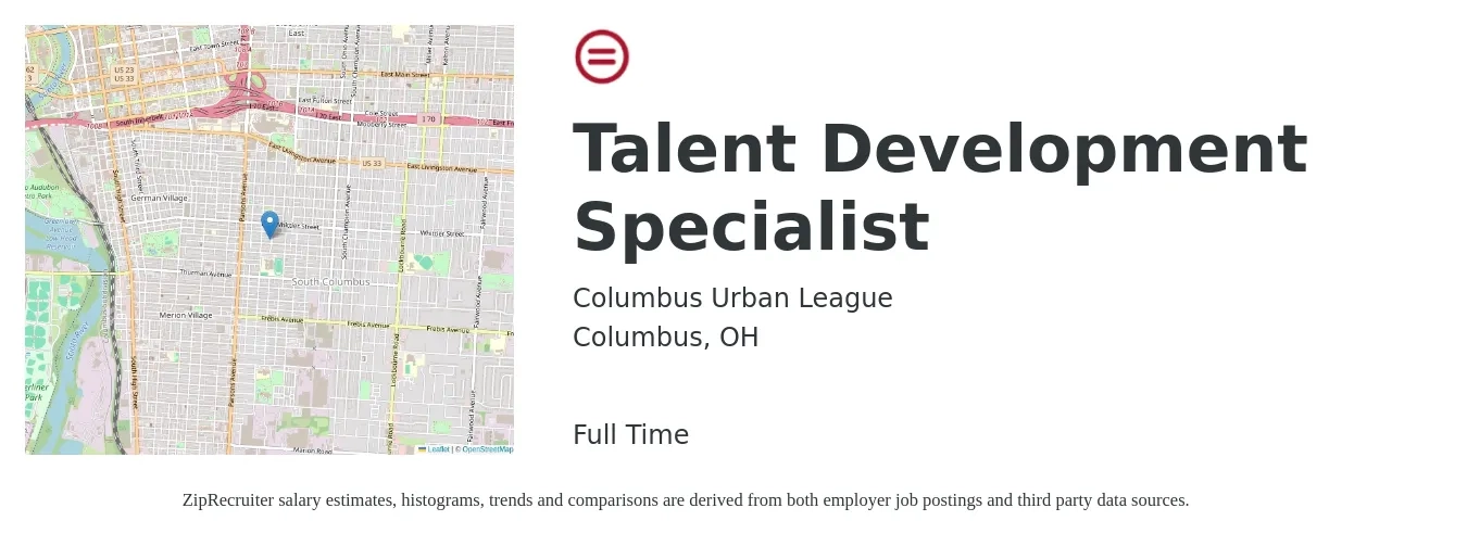 Columbus Urban League job posting for a Talent Development Specialist in Columbus, OH with a salary of $48,300 to $80,200 Yearly with a map of Columbus location.