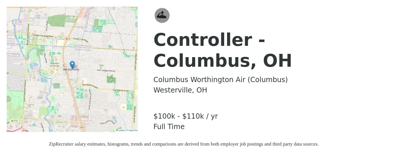 Columbus Worthington Air (Columbus) job posting for a Controller - Columbus, OH in Westerville, OH with a salary of $100,000 to $110,000 Yearly with a map of Westerville location.