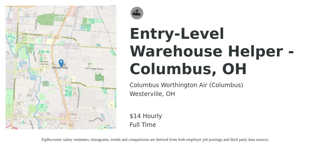 Columbus Worthington Air (Columbus) job posting for a Entry-Level Warehouse Helper - Columbus, OH in Westerville, OH with a salary of $15 Hourly with a map of Westerville location.