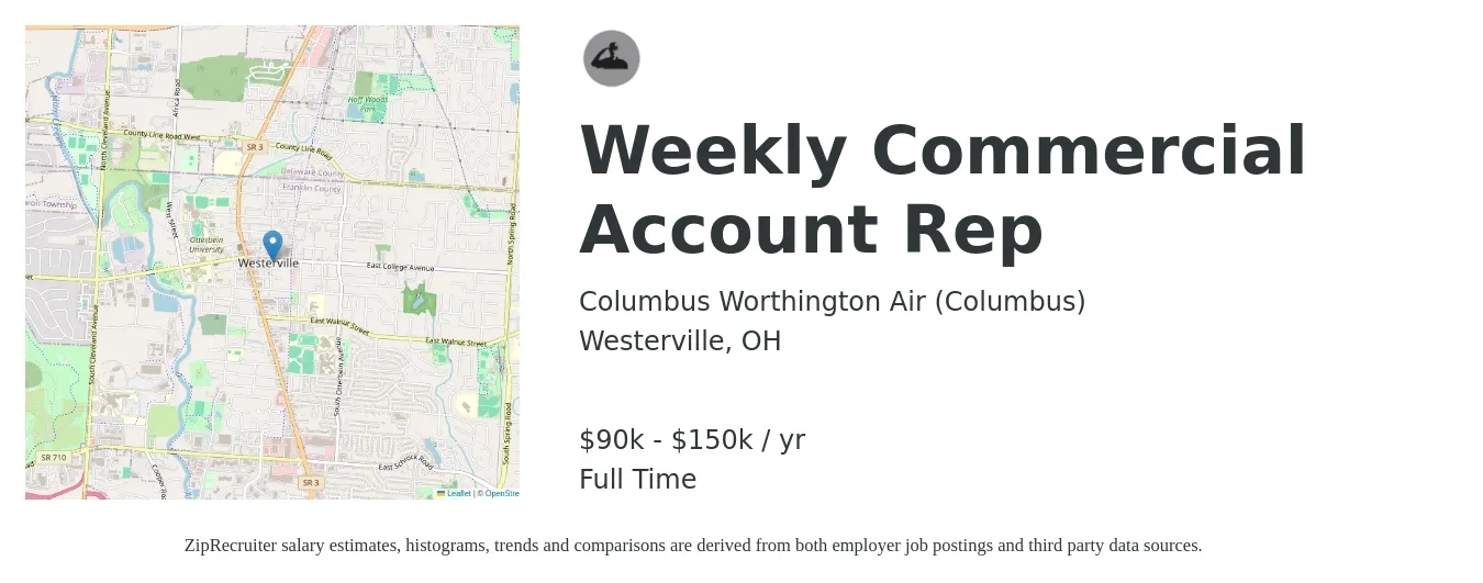 Columbus Worthington Air (Columbus) job posting for a Weekly Commercial Account Rep in Westerville, OH with a salary of $90,000 to $150,000 Yearly with a map of Westerville location.
