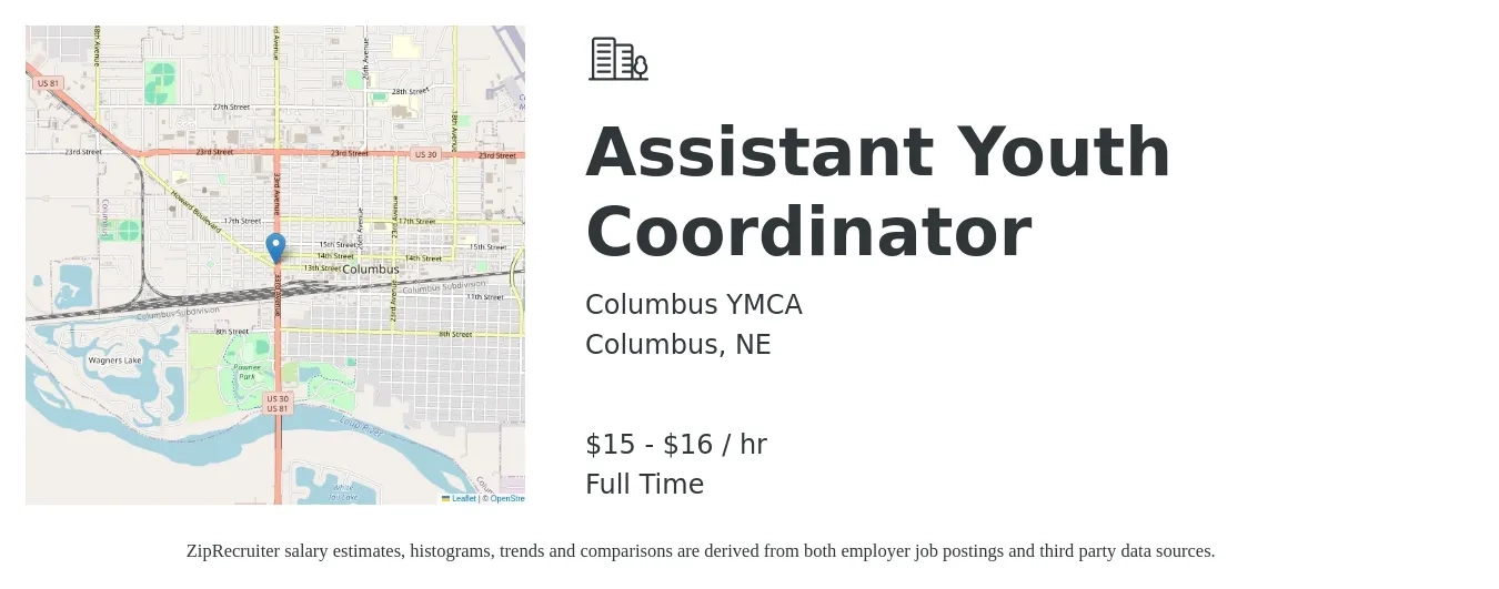 Columbus YMCA job posting for a Assistant Youth Coordinator in Columbus, NE with a salary of $16 to $17 Hourly with a map of Columbus location.