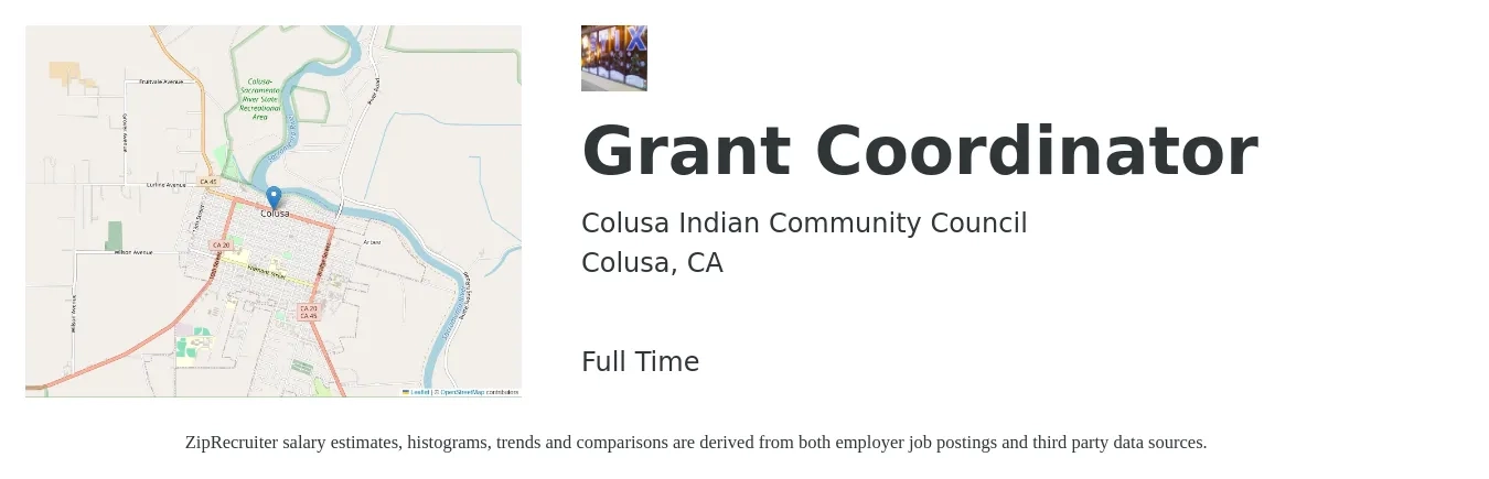 Colusa Indian Community Council job posting for a Grant Coordinator in Colusa, CA with a salary of $50,000 to $68,700 Yearly with a map of Colusa location.