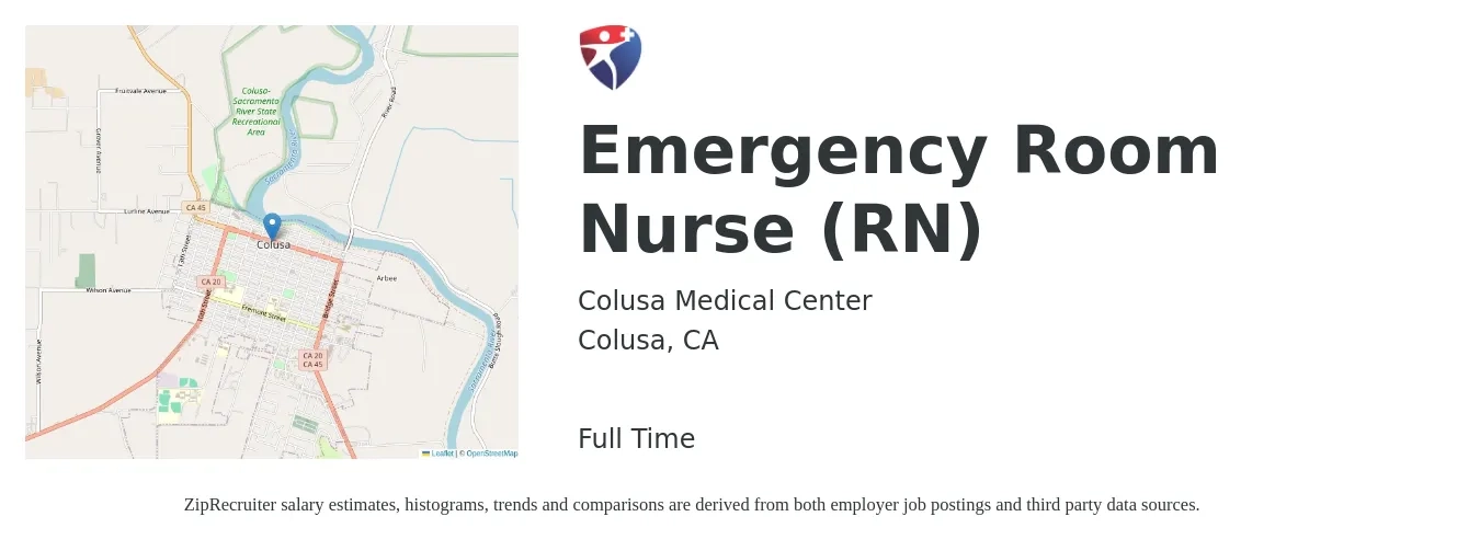 Colusa Medical Center job posting for a Emergency Room Nurse (RN) in Colusa, CA with a salary of $50 to $60 Hourly with a map of Colusa location.