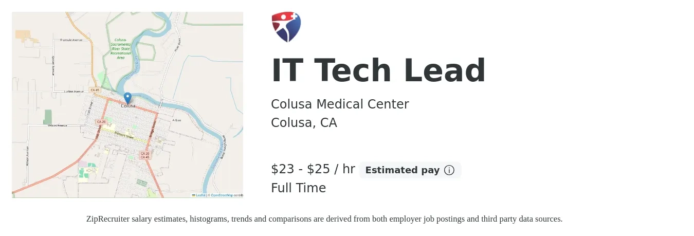Colusa Medical Center job posting for a IT Tech Lead in Colusa, CA with a salary of $24 to $27 Hourly with a map of Colusa location.