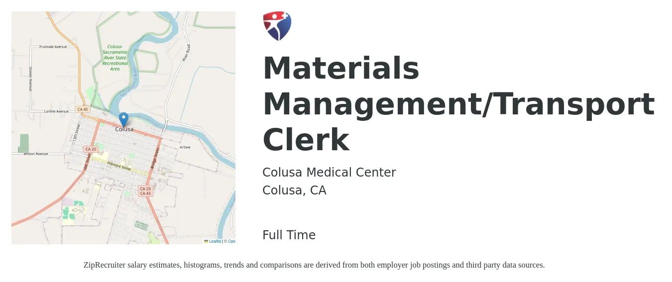 Colusa Medical Center job posting for a Materials Management/Transport Clerk in Colusa, CA with a salary of $16 to $18 Hourly with a map of Colusa location.