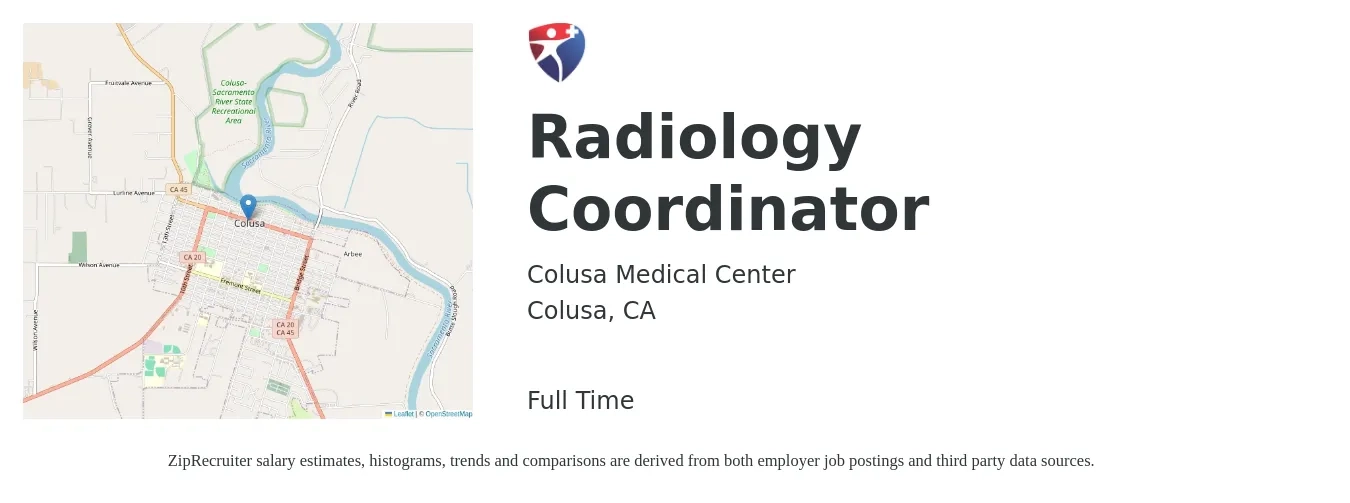 Colusa Medical Center job posting for a Radiology Coordinator in Colusa, CA with a salary of $21 to $35 Hourly with a map of Colusa location.