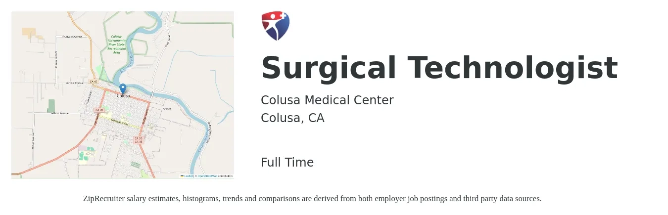 Colusa Medical Center job posting for a Surgical Technologist in Colusa, CA with a salary of $24 to $26 Hourly with a map of Colusa location.