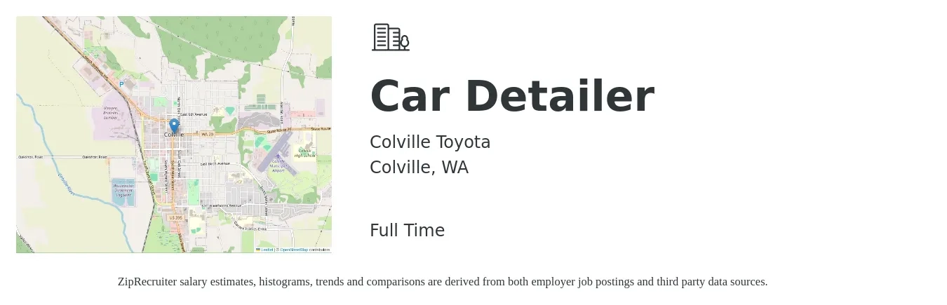 Colville Toyota job posting for a Car Detailer in Colville, WA with a salary of $16 to $20 Hourly with a map of Colville location.