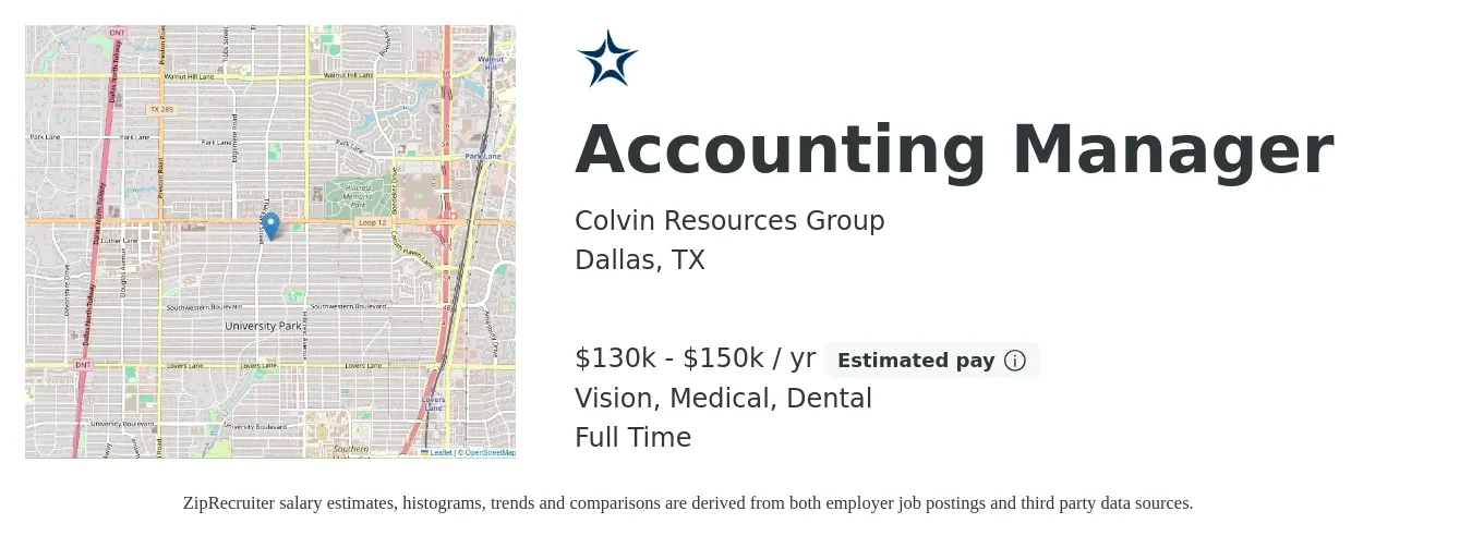 Colvin Resources Group job posting for a Accounting Manager in Dallas, TX with a salary of $130,000 to $150,000 Yearly and benefits including dental, life_insurance, medical, pto, retirement, and vision with a map of Dallas location.