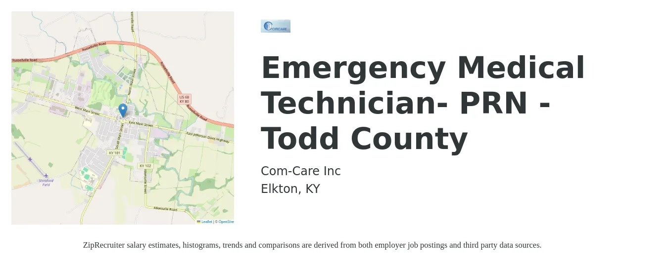 Com-Care Inc job posting for a Emergency Medical Technician- PRN - Todd County in Elkton, KY with a salary of $17 to $22 Hourly with a map of Elkton location.