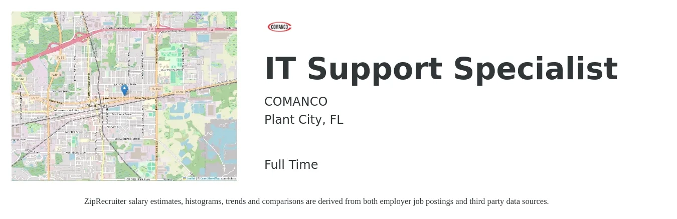 COMANCO job posting for a IT Support Specialist in Plant City, FL with a salary of $40,400 to $81,600 Yearly with a map of Plant City location.