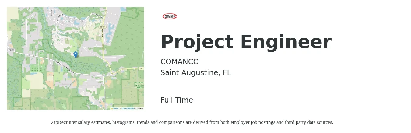 COMANCO job posting for a Project Engineer in Saint Augustine, FL with a salary of $64,100 to $89,600 Yearly with a map of Saint Augustine location.