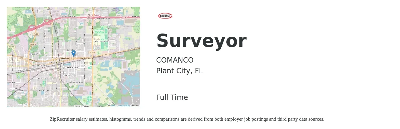 COMANCO job posting for a Surveyor in Plant City, FL with a salary of $45,600 to $79,400 Yearly with a map of Plant City location.