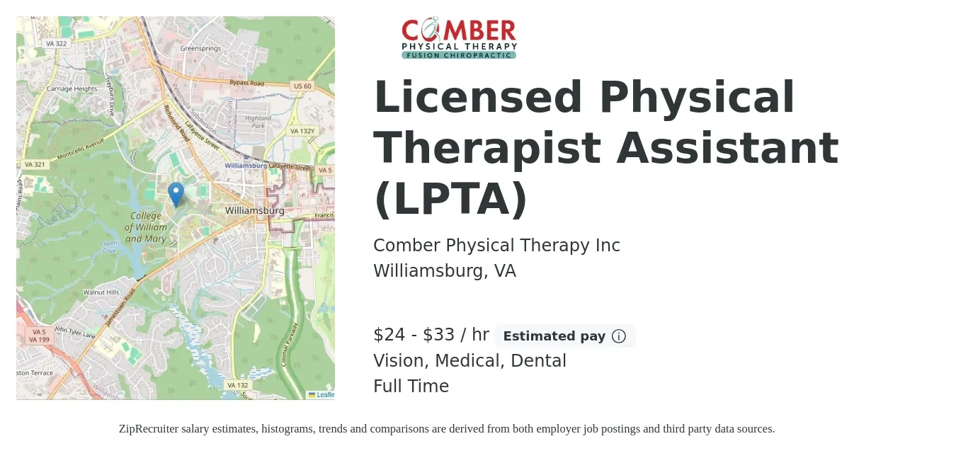 Comber Physical Therapy Inc job posting for a Licensed Physical Therapist Assistant (LPTA) in Williamsburg, VA with a salary of $25 to $35 Hourly and benefits including dental, life_insurance, medical, pto, retirement, and vision with a map of Williamsburg location.