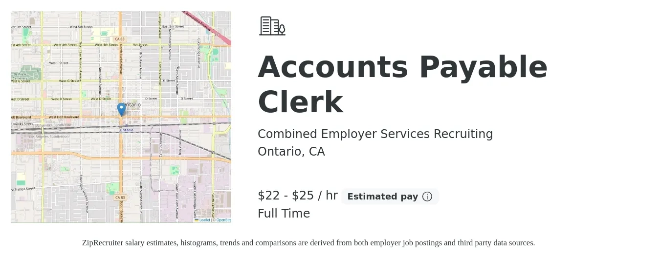 Combined Employer Services Recruiting job posting for a Accounts Payable Clerk in Ontario, CA with a salary of $23 to $27 Hourly with a map of Ontario location.