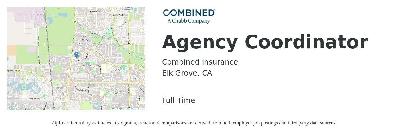 Combined Insurance job posting for a Agency Coordinator in Elk Grove, CA with a salary of $19 to $26 Hourly with a map of Elk Grove location.