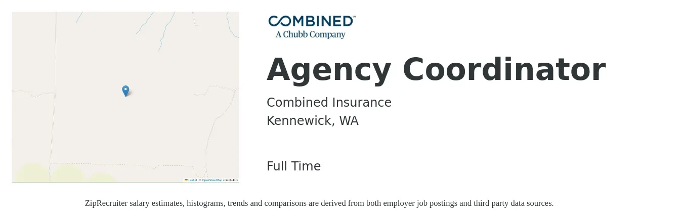 Combined Insurance job posting for a Agency Coordinator in Kennewick, WA with a salary of $19 to $26 Hourly with a map of Kennewick location.