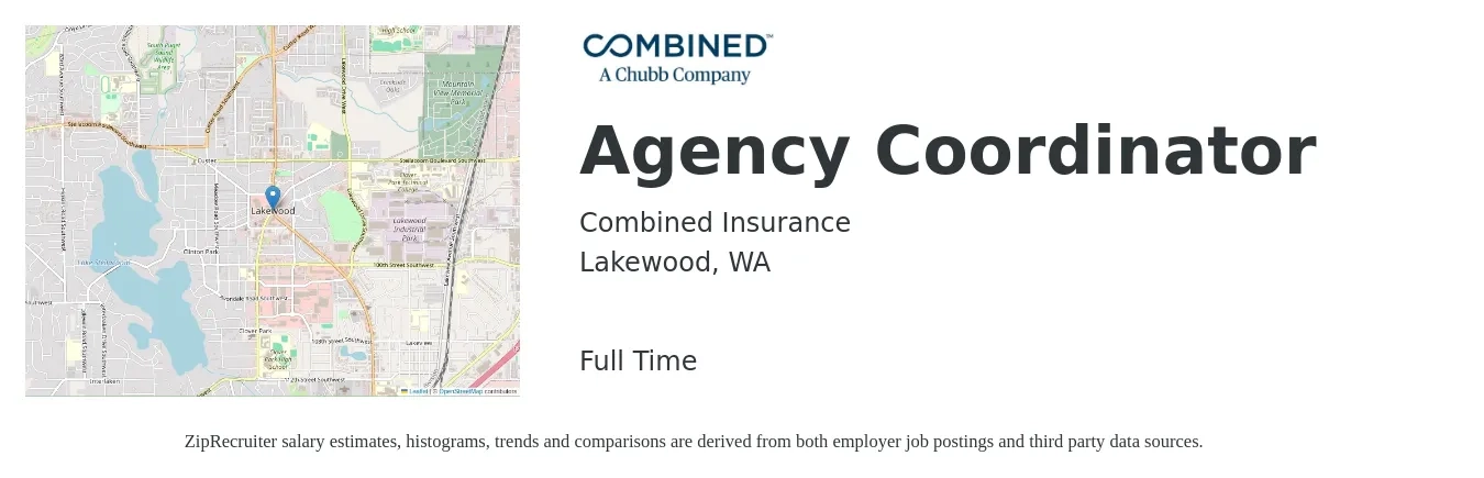 Combined Insurance job posting for a Agency Coordinator in Lakewood, WA with a salary of $20 to $28 Hourly with a map of Lakewood location.