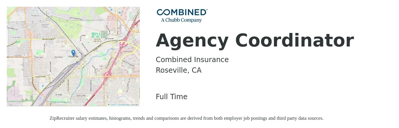 Combined Insurance job posting for a Agency Coordinator in Roseville, CA with a salary of $20 to $27 Hourly with a map of Roseville location.