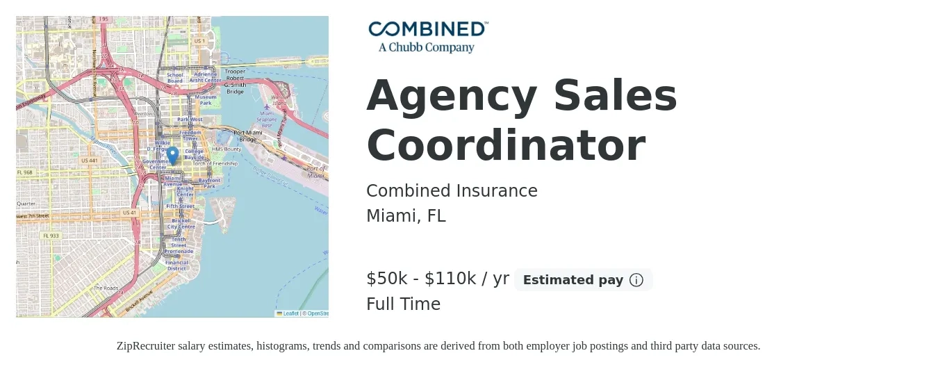 Combined Insurance job posting for a Agency Sales Coordinator in Miami, FL with a salary of $50,000 to $110,000 Yearly with a map of Miami location.