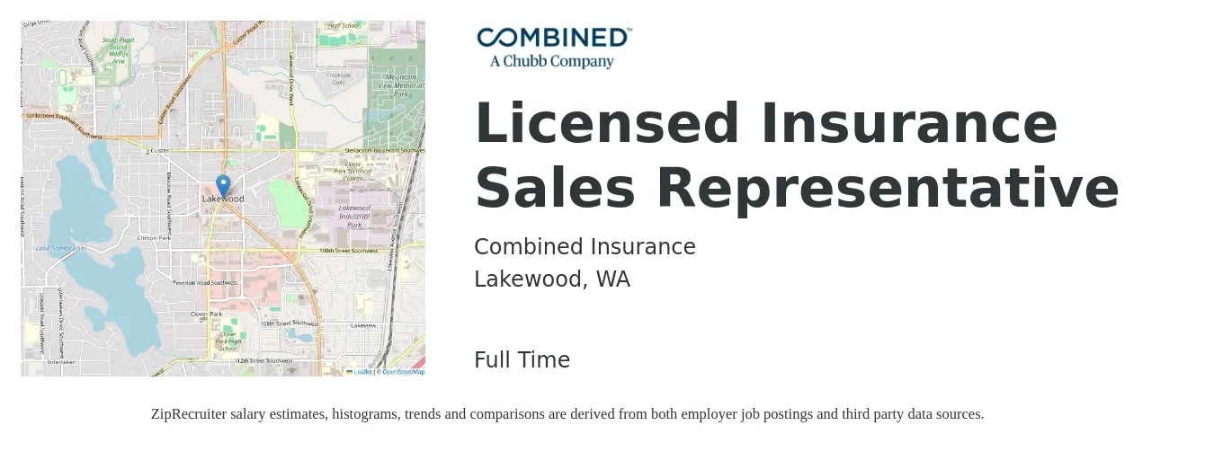 Combined Insurance job posting for a Licensed Insurance Sales Representative in Lakewood, WA with a salary of $54,900 to $80,200 Yearly with a map of Lakewood location.