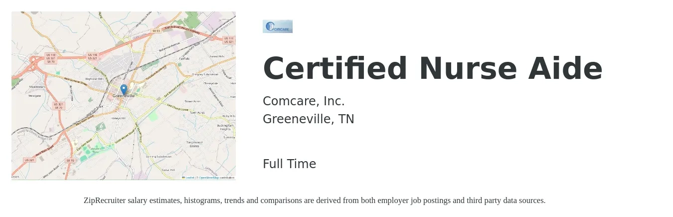 Comcare, Inc. job posting for a Certified Nurse Aide in Greeneville, TN with a salary of $15 to $21 Hourly with a map of Greeneville location.