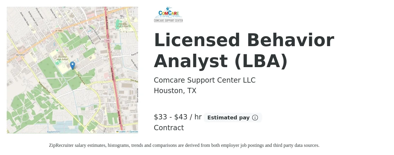 Comcare Support Center LLC job posting for a Licensed Behavior Analyst (LBA) in Houston, TX with a salary of $35 to $45 Hourly with a map of Houston location.