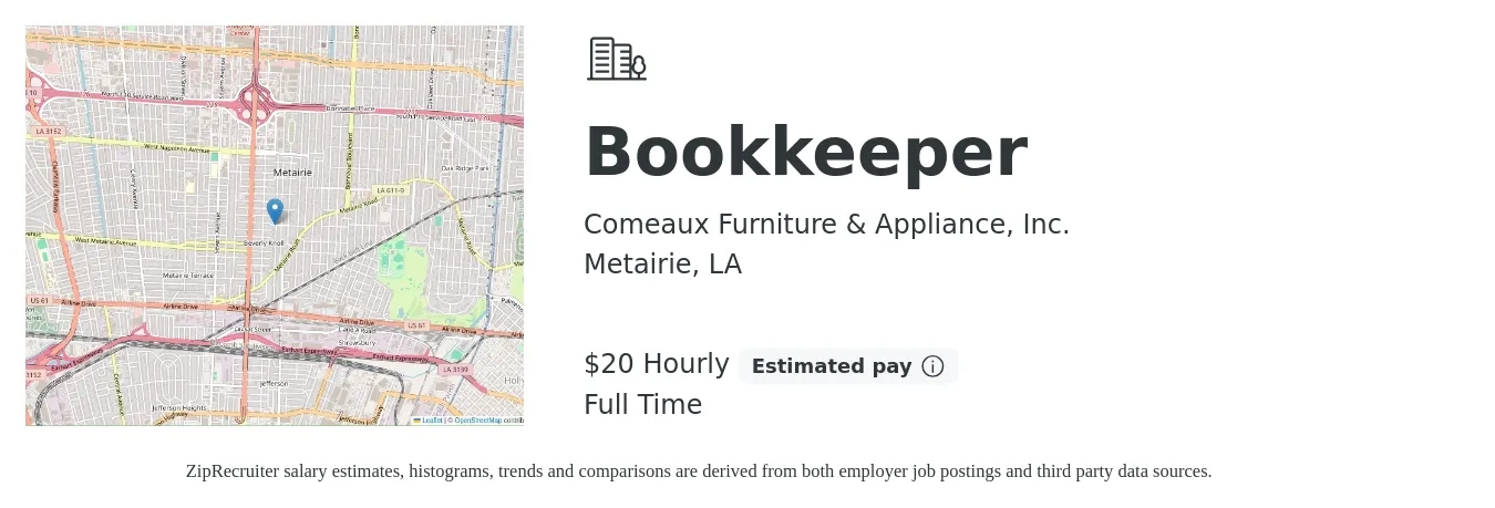 Comeaux Furniture & Appliance, Inc. job posting for a Bookkeeper in Metairie, LA with a salary of $19 Hourly with a map of Metairie location.