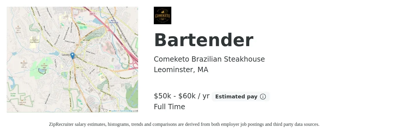 Comeketo Brazilian Steakhouse job posting for a Bartender in Leominster, MA with a salary of $50,000 to $60,000 Yearly with a map of Leominster location.