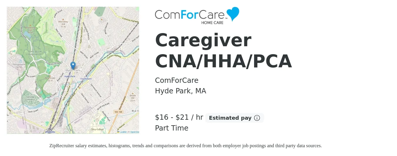 ComForCare Home Health Care - Canton job posting for a Caregiver CNA/HHA/PCA in Hyde Park, MA with a salary of $17 to $22 Hourly with a map of Hyde Park location.