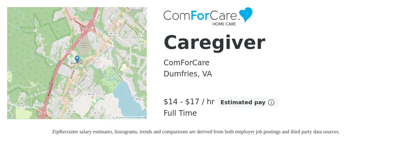 ComForCare Home Care - Fairfax & Loudoun County job posting for a Caregiver in Dumfries, VA with a salary of $18 to $20 Hourly with a map of Dumfries location.