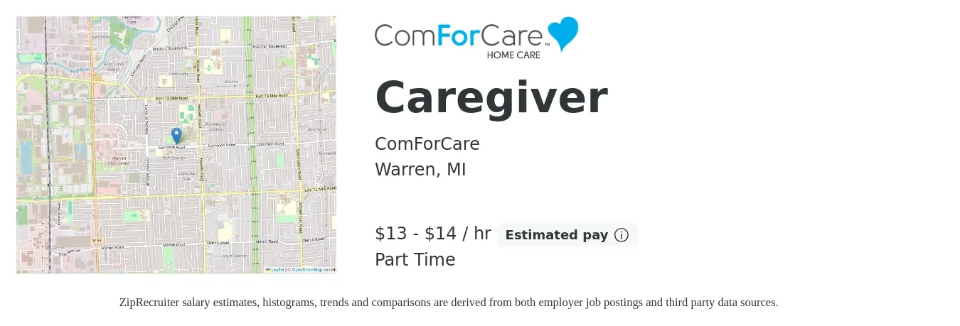 ComForCare job posting for a Caregiver in Warren, MI with a salary of $14 to $15 Hourly with a map of Warren location.