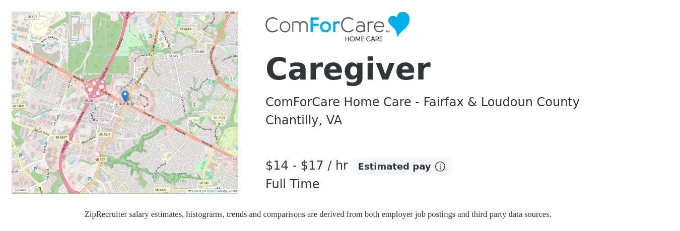 ComForCare Home Care - Fairfax & Loudoun County job posting for a Caregiver in Chantilly, VA with a salary of $15 to $18 Hourly with a map of Chantilly location.