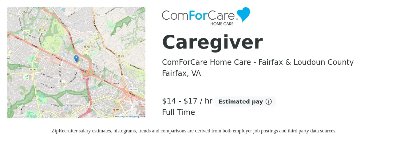 ComForCare Home Care - Fairfax & Loudoun County job posting for a Caregiver in Fairfax, VA with a salary of $15 to $18 Hourly with a map of Fairfax location.