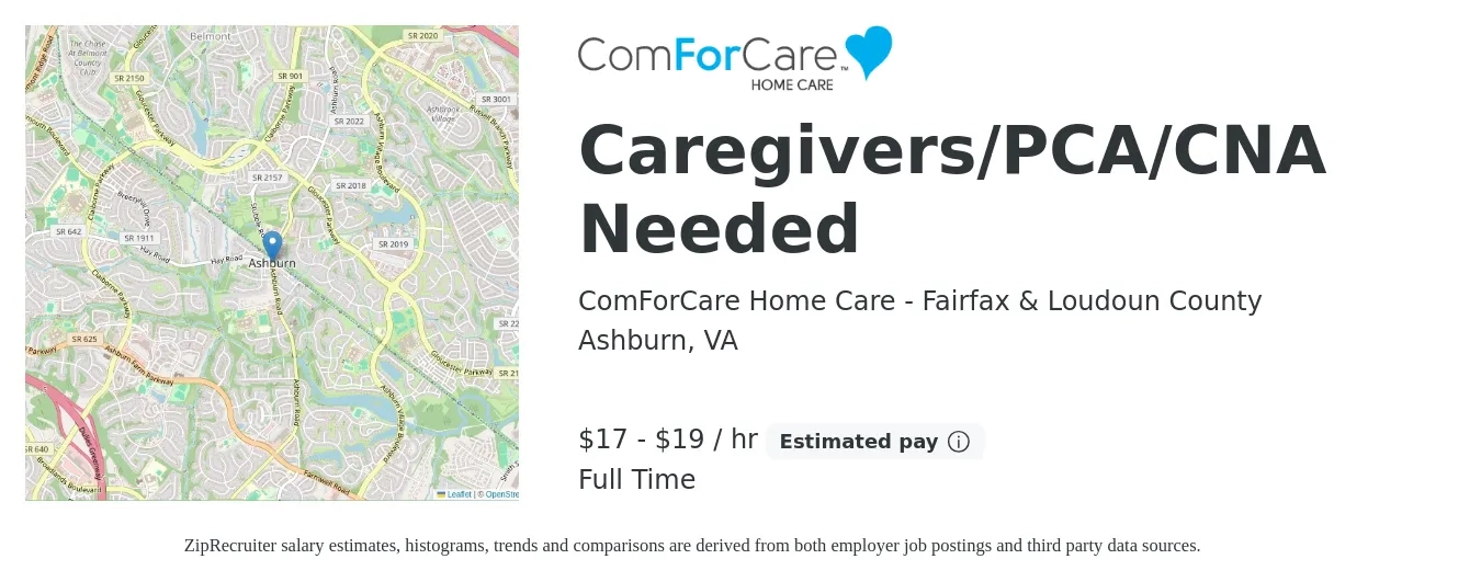 ComForCare job posting for a Caregivers/PCA/CNA Needed in Ashburn, VA with a salary of $18 to $20 Hourly with a map of Ashburn location.