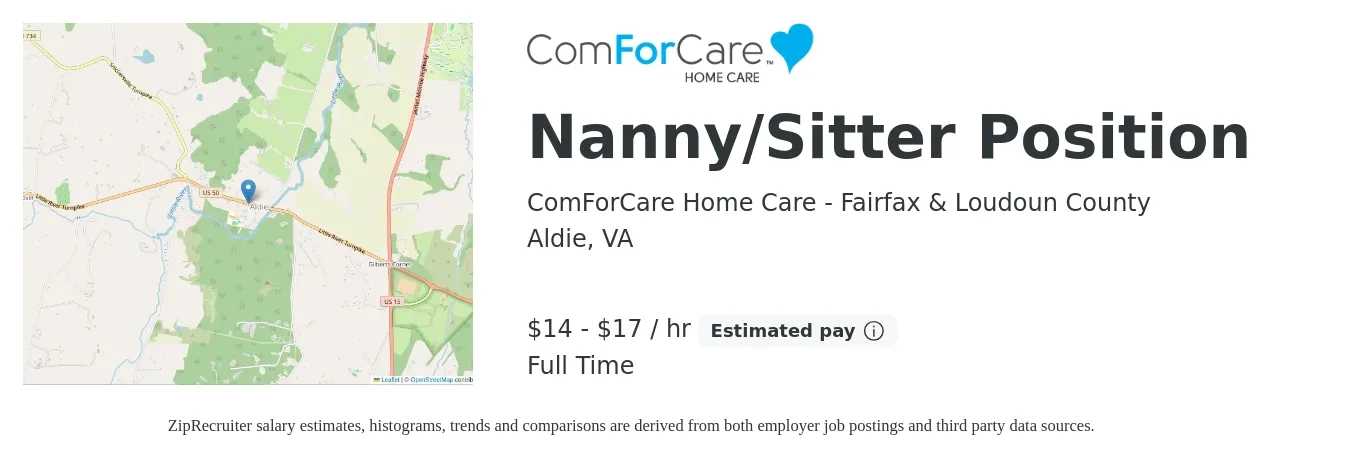 ComForCare Home Care - Fairfax & Loudoun County job posting for a Nanny/Sitter Position in Aldie, VA with a salary of $15 to $18 Hourly with a map of Aldie location.