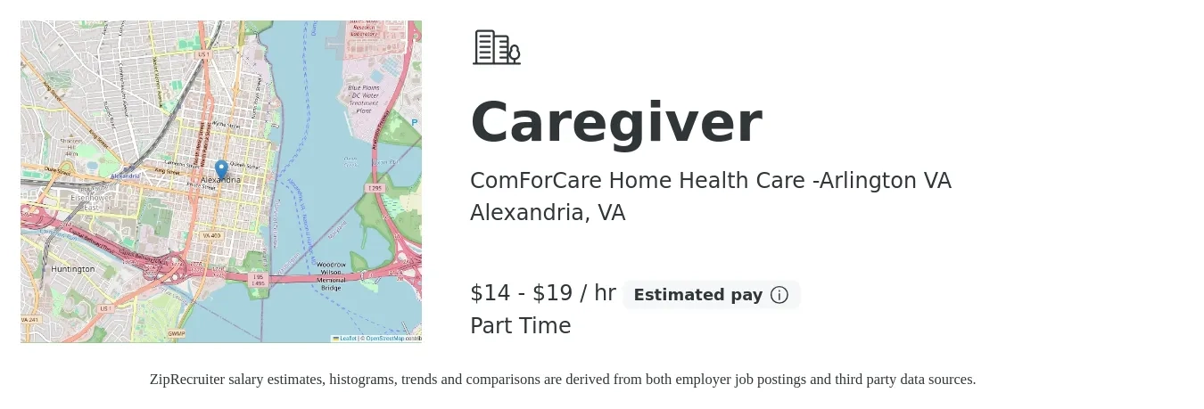 ComForCare Home Health Care -Arlington VA job posting for a Caregiver in Alexandria, VA with a salary of $15 to $20 Hourly with a map of Alexandria location.