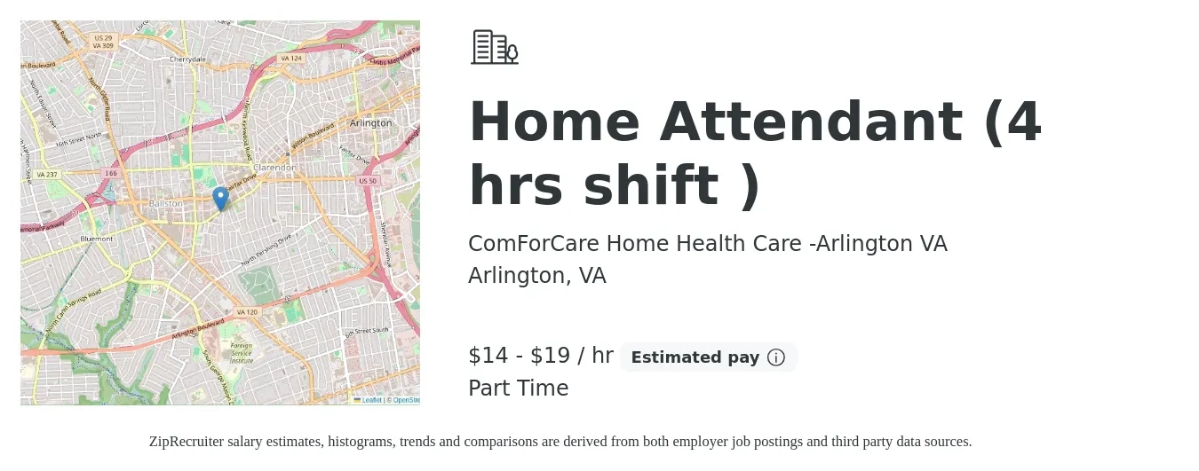 ComForCare Home Health Care -Arlington VA job posting for a Home Attendant (4 hrs shift ) in Arlington, VA with a salary of $15 to $20 Hourly with a map of Arlington location.