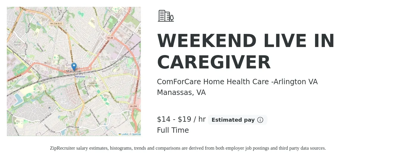ComForCare Home Health Care -Arlington VA job posting for a WEEKEND LIVE IN CAREGIVER in Manassas, VA with a salary of $15 to $20 Hourly with a map of Manassas location.