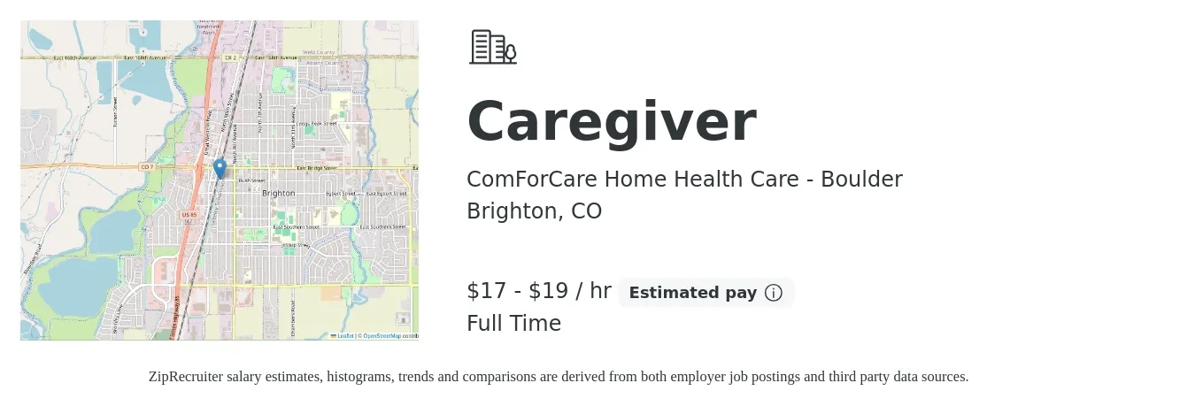 ComForCare Home Health Care - Boulder job posting for a Caregiver in Brighton, CO with a salary of $18 to $20 Hourly with a map of Brighton location.