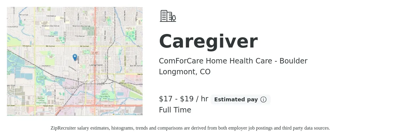 ComForCare Home Health Care - Boulder job posting for a Caregiver in Longmont, CO with a salary of $18 to $20 Hourly with a map of Longmont location.