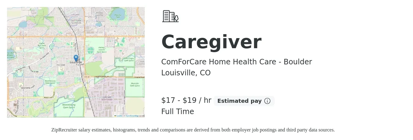 ComForCare Home Health Care - Boulder job posting for a Caregiver in Louisville, CO with a salary of $18 to $20 Hourly with a map of Louisville location.